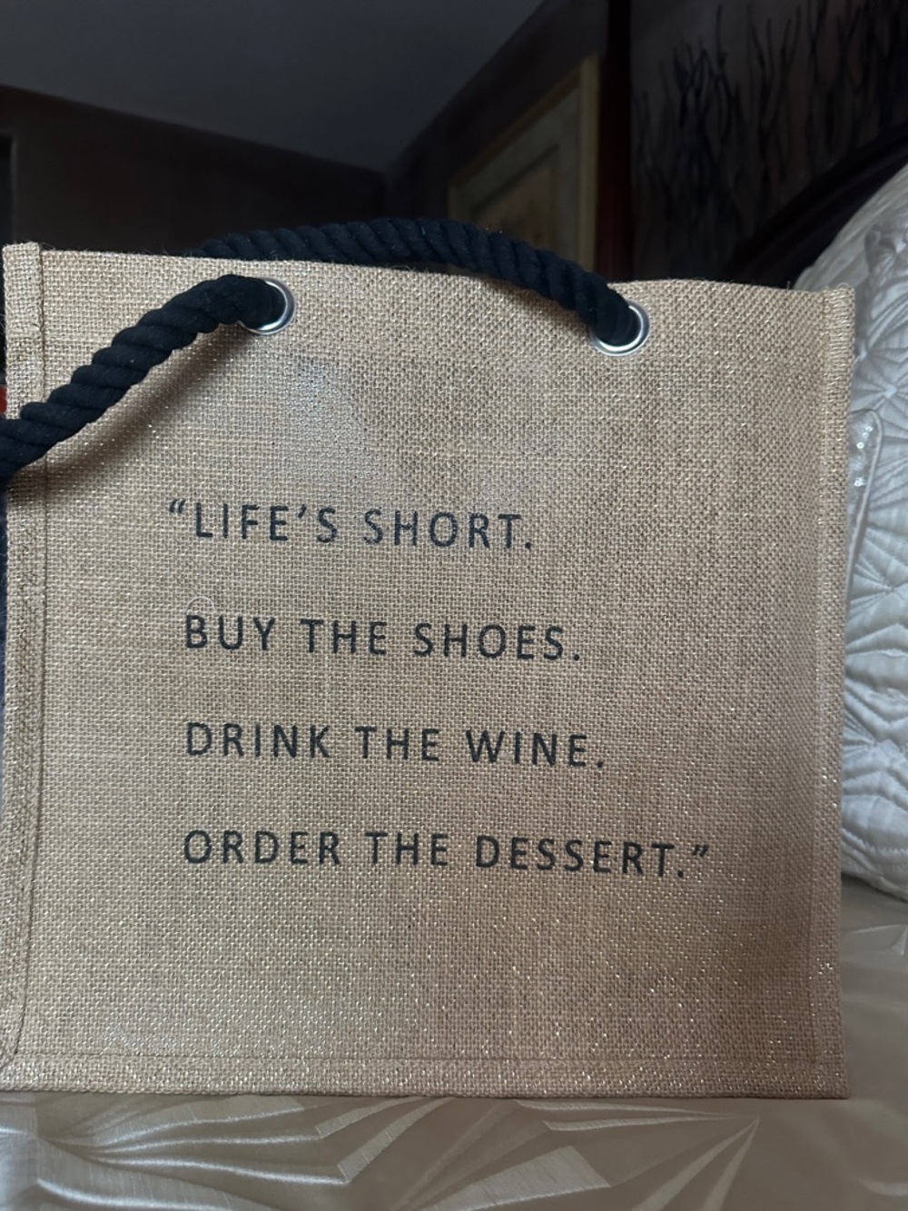 New with tags 34th & Pine Jute Tote Bag with Quote - Natural & Black - Picture 4 of 4